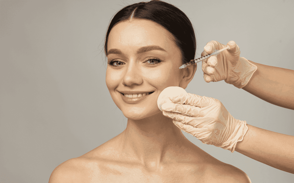 A smiling patient receives a botox injection to remove fine lines and wrinkles at a cosmetic clinic. The aesthetic procedure involves Botulinum Toxin to target facial muscles, enhancing skin health and appearance. This botox treatment, part of comprehensive dermatology services, aims to reduce forehead wrinkles, chin lines, and crow's feet around the eyes. Botox cosmetic procedures like this are popular for their effectiveness in removing wrinkles and achieving a youthful facelift look. The image highlights the use of a serum and a careful application process in an aesthetic clinic setting, showcasing the benefits of botox in modern skincare and aesthetics.